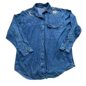 Vintage Star Embroidered Denim Chambray Shirt L